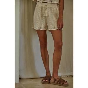 NEW BY TOGETHER woven cotton linen crochet shorts in natural